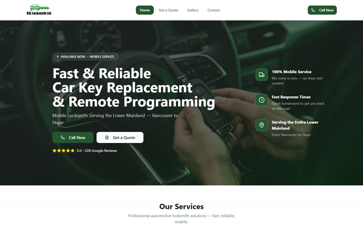 Homepage of ksllocksmith.ca showing a car key replacement and remote programming service