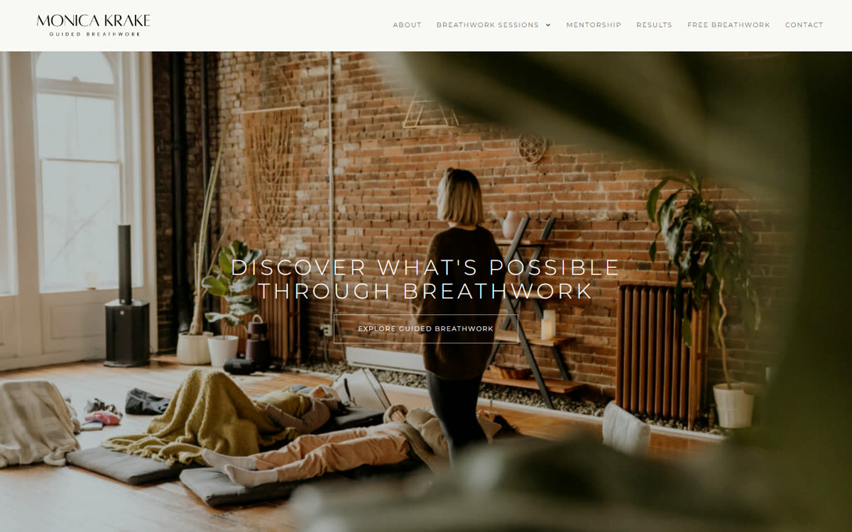 Homepage of monicakrake.com, a guided breathwork practice site with a full-width studio photograph